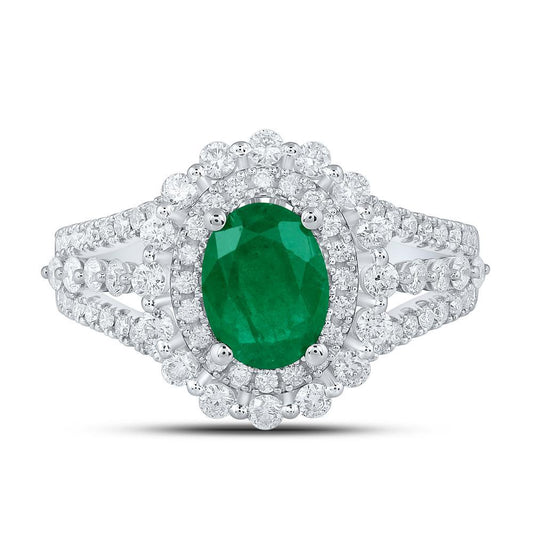 Natural Oval Emerald & Diamond Round Womens Ring 14k White Gold 1.86 Ctw