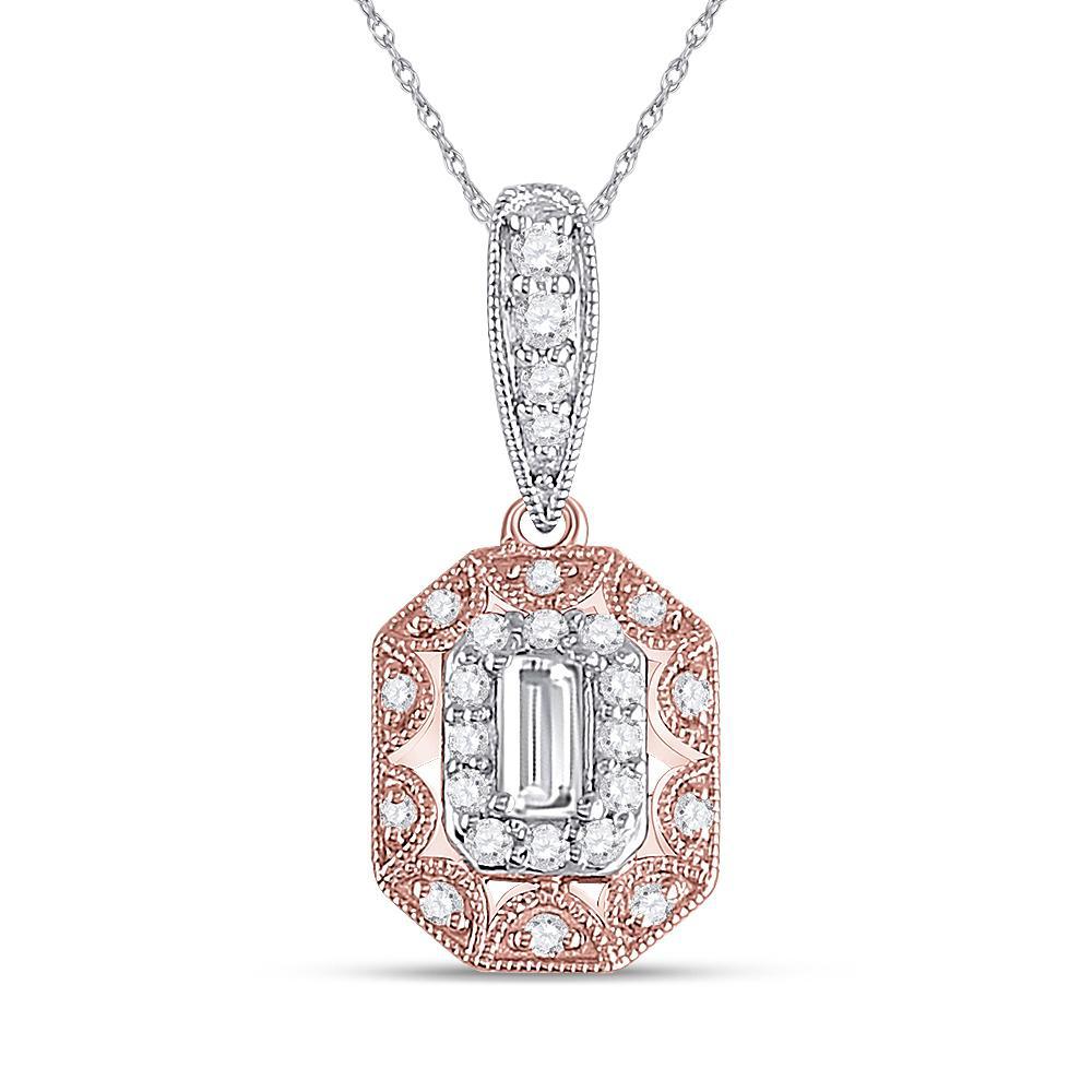 Emerald Diamond Halo Pendant 14k Two-tone Womens Octagon Charm 3/8Cttw