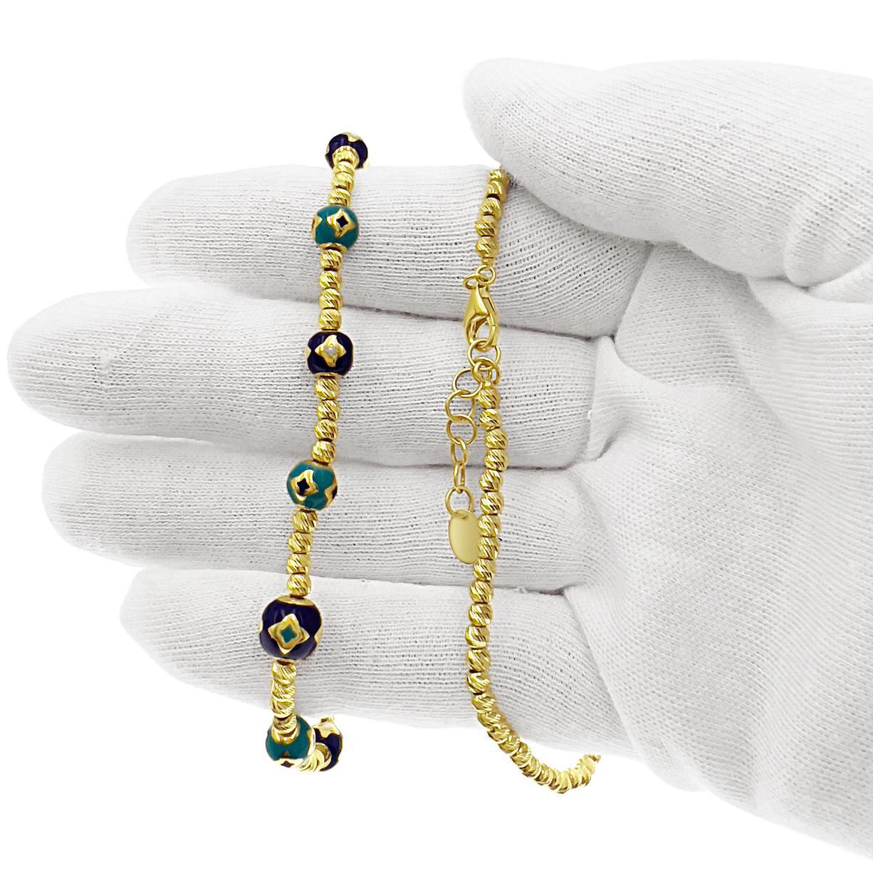 Diamond Cut Ball Chain Enameled Bead Necklace Real 14k Yellow Gold 16"