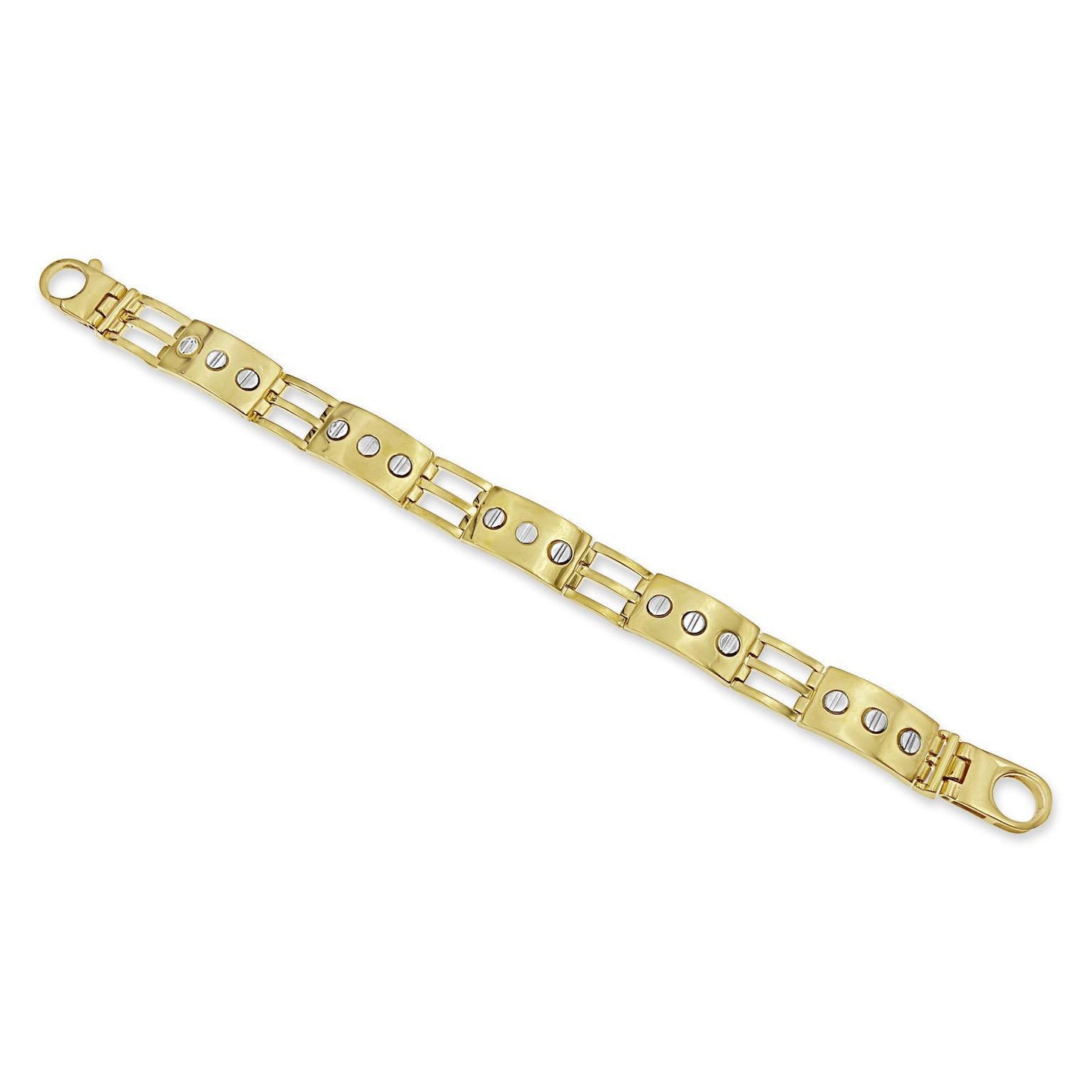 10k Yellow Gold 12.7mm Mens Two Tone Railroad Style Bracelet with Screw Head