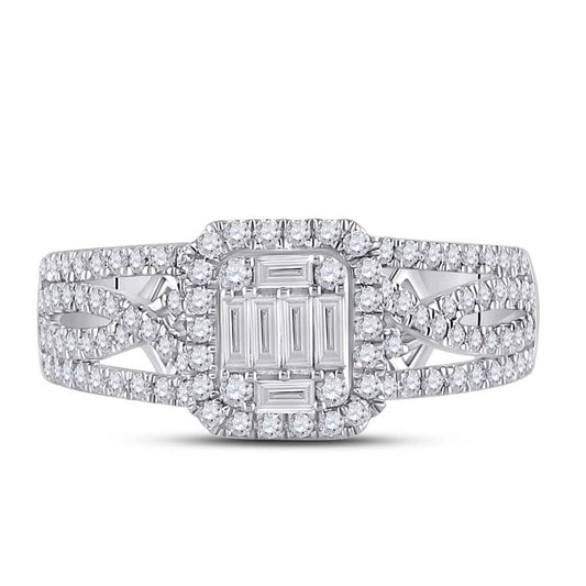 0.75 Cttw Baguette Diamond Cushion Cluster Engagement Ring 14k White Gold