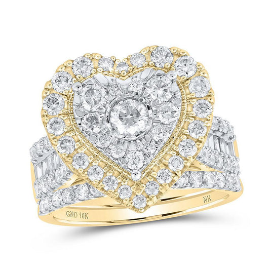 2 Ctw Baguette Round Diamond Heart Bridal Wedding Ring Band Set 10k Yellow Gold