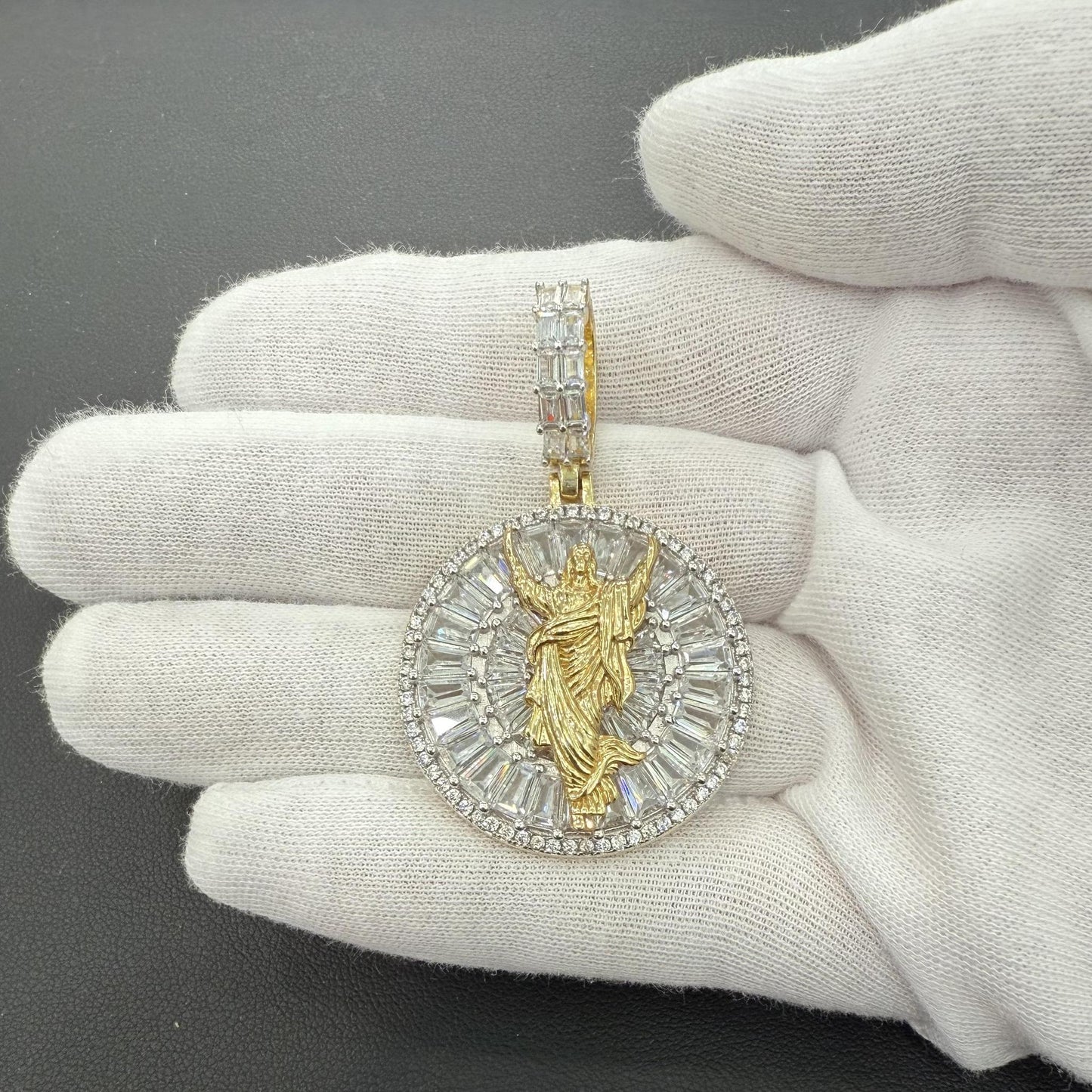 Jesus Pendant Gold Plated 925 Sterling Silver Baguette CZ Iced Out Bling Charm