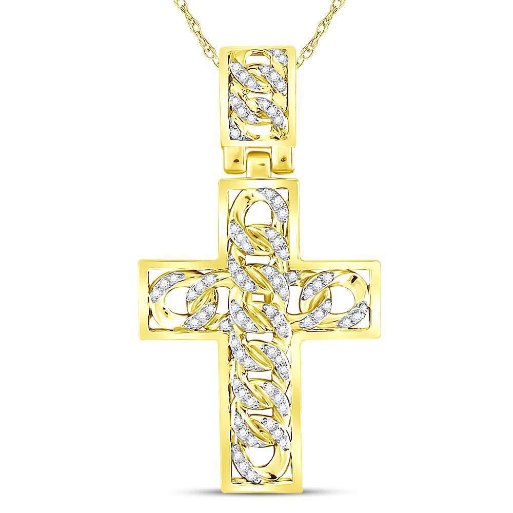 0.65cttw Diamond Cuban Link Cross Mens Charm Pendant 10k Yellow Gold