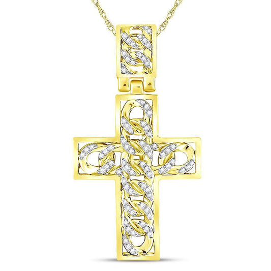 0.65cttw Diamond Cuban Link Cross Mens Charm Pendant 10k Yellow Gold