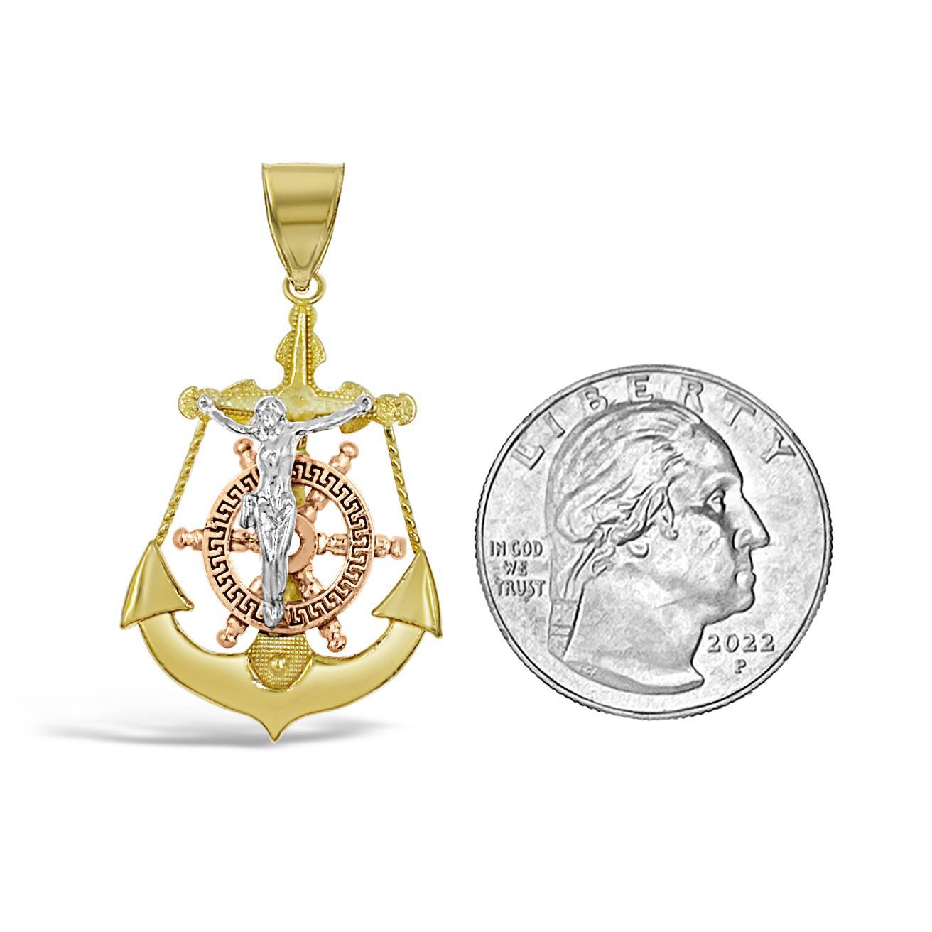 Anchor Jesus Crucifix Cross Mens Pendant 10k Tri Color Gold Charm 1.5 inch