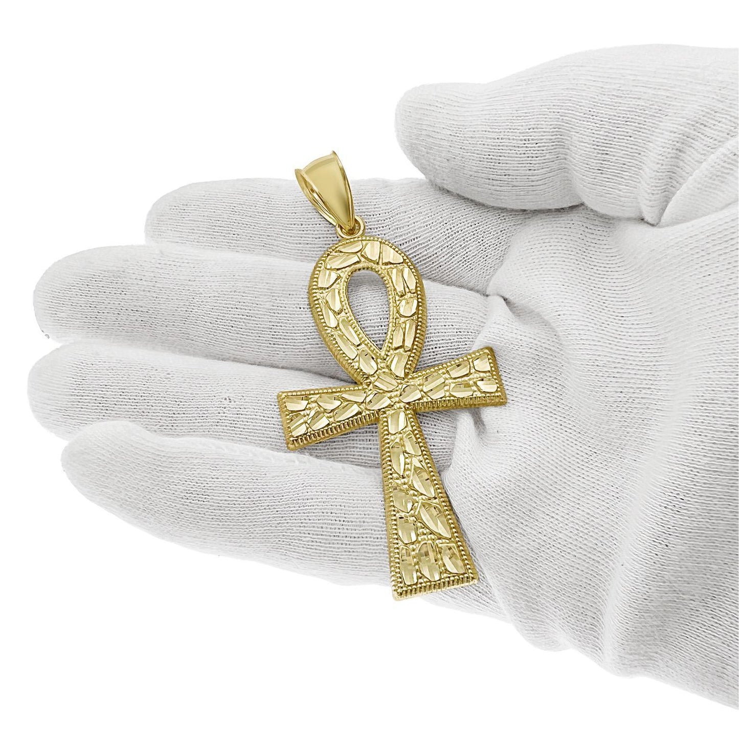 Egyptian Cross Ankh Nugget Pendant Mens Charm 10k Yellow Gold 2.9 inch