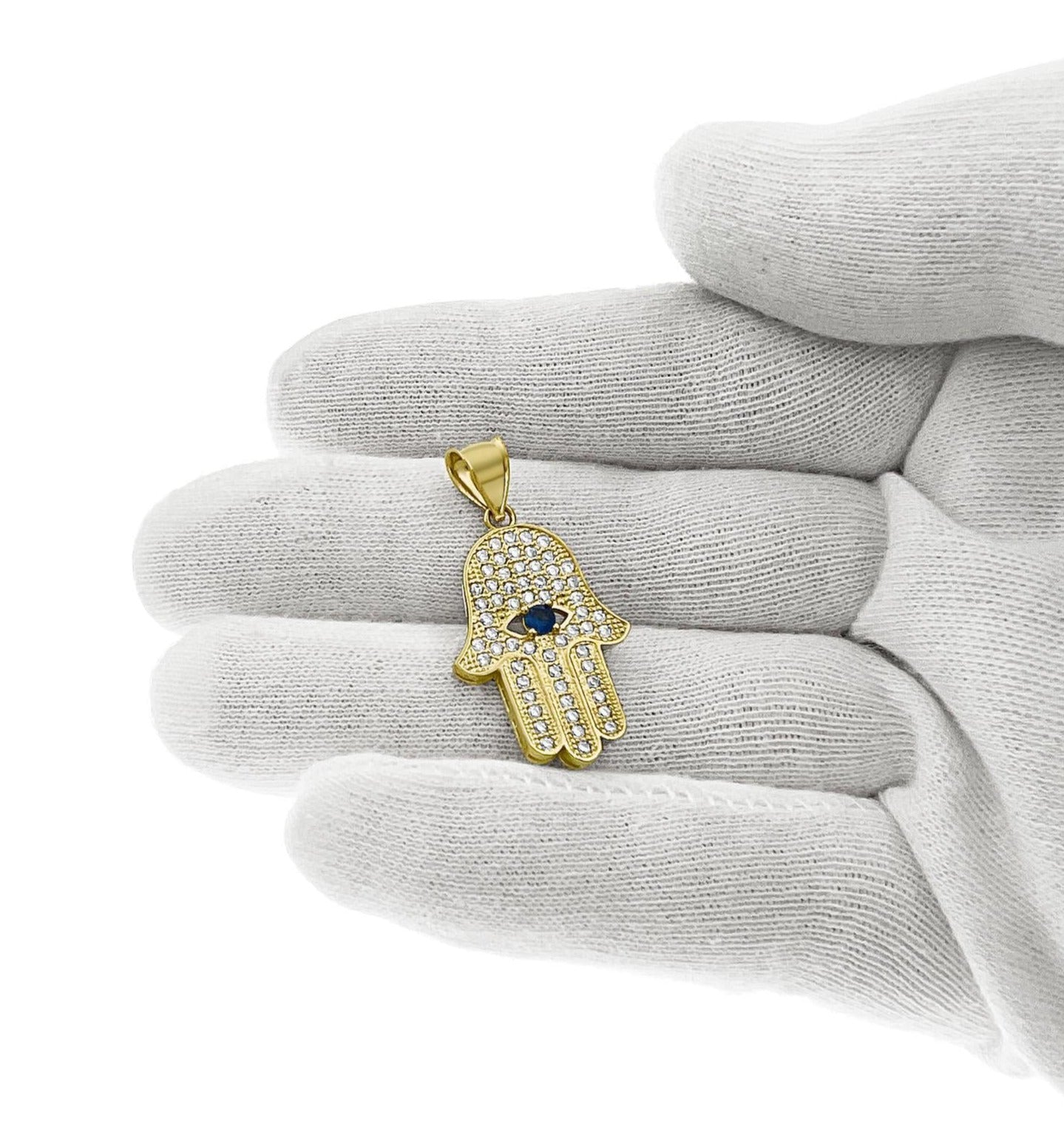 Hamsa Fatima Hand Pendant 10k Yellow Gold CZ Charm 1 inch