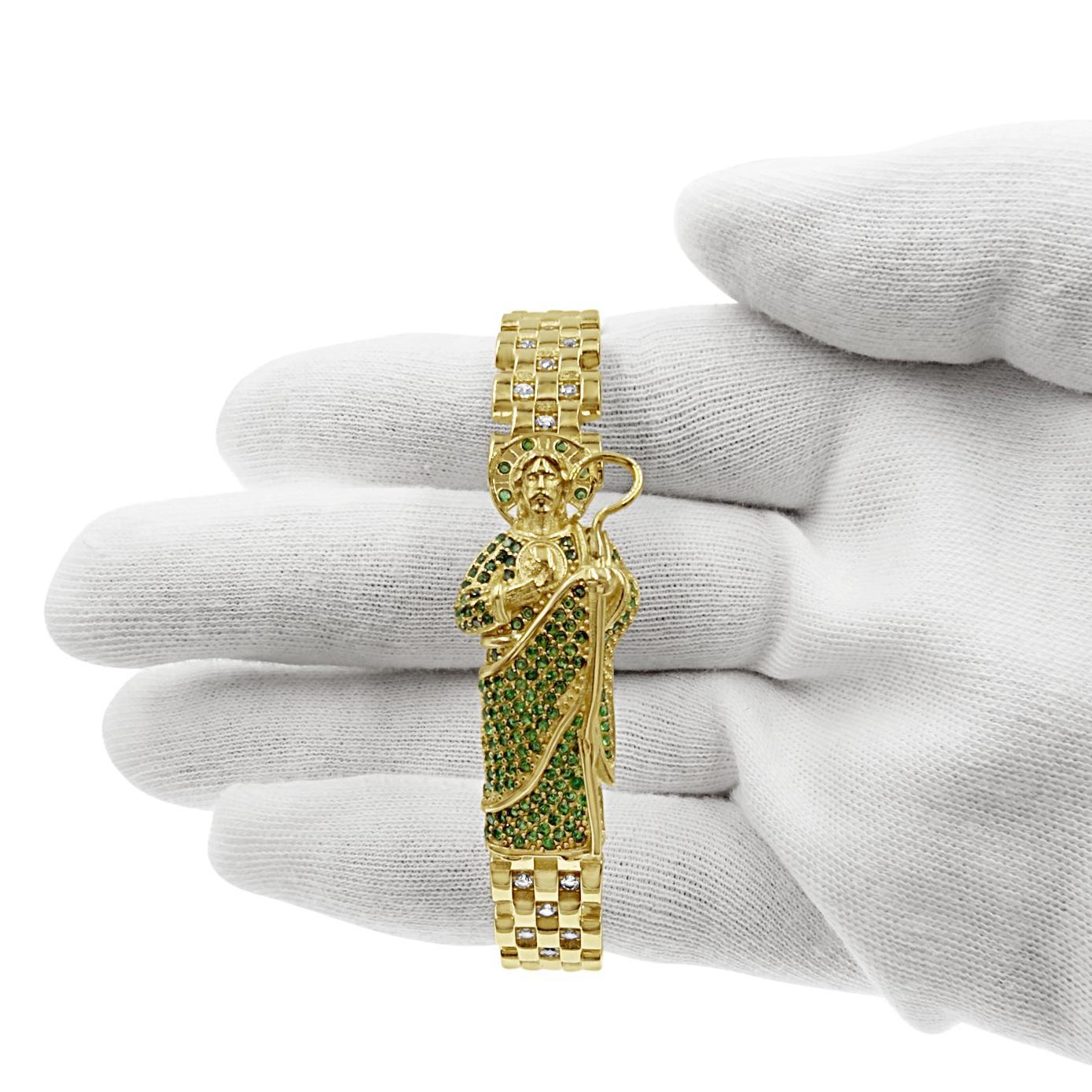 10K Yellow Gold Mens Saint Jude Bracelet Green CZ Hinged Bangle Statement