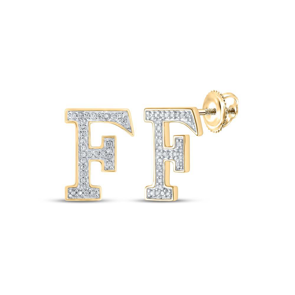 Round Diamond F Initial Letter Stud Earrings 10k Yellow Gold Screw Back