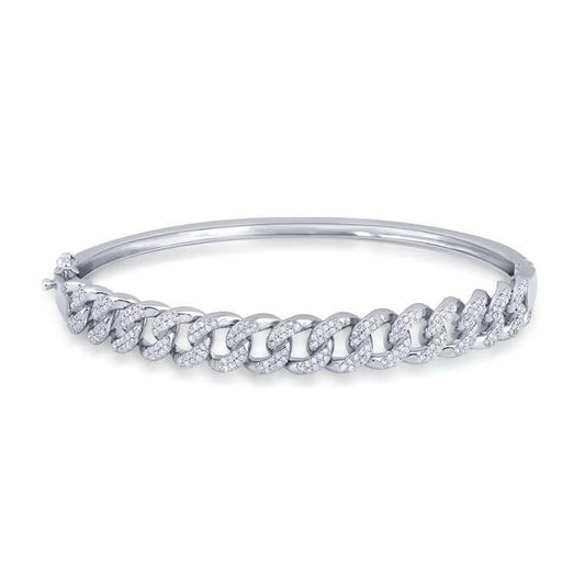 0.94 cttw Diamond Cuban Link Chain Bangle Bracelet 10k White Gold