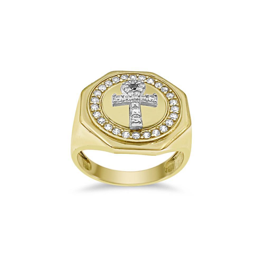 Egyptian Cross Ankh Octagon Mens Signet Pinky Ring 10k Yellow Gold