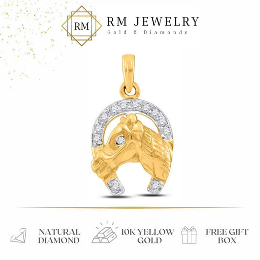 Diamond Lucky Horseshoe Horse Head Charm Pendant 10k Yellow Gold Mens