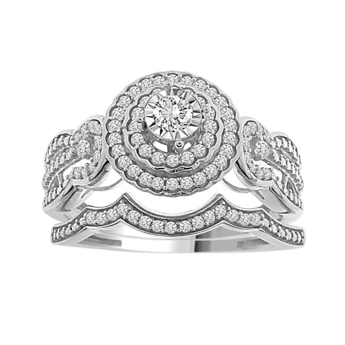 0.33cttw Diamond Round Cluster Hal Bridal Wedding Ring Set 10k White Gold