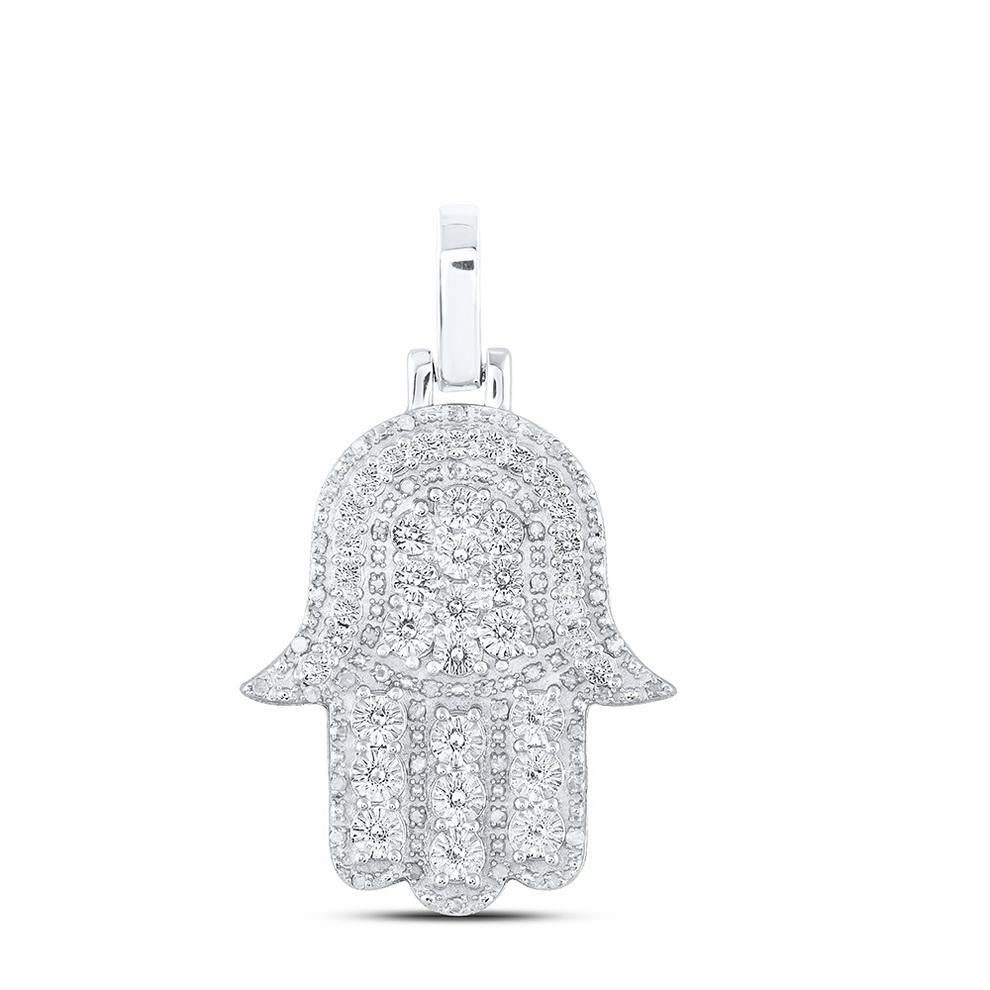 0.33 Cttw Round Diamond Hamsa Palm Pendant Charm 925 Sterling Silver