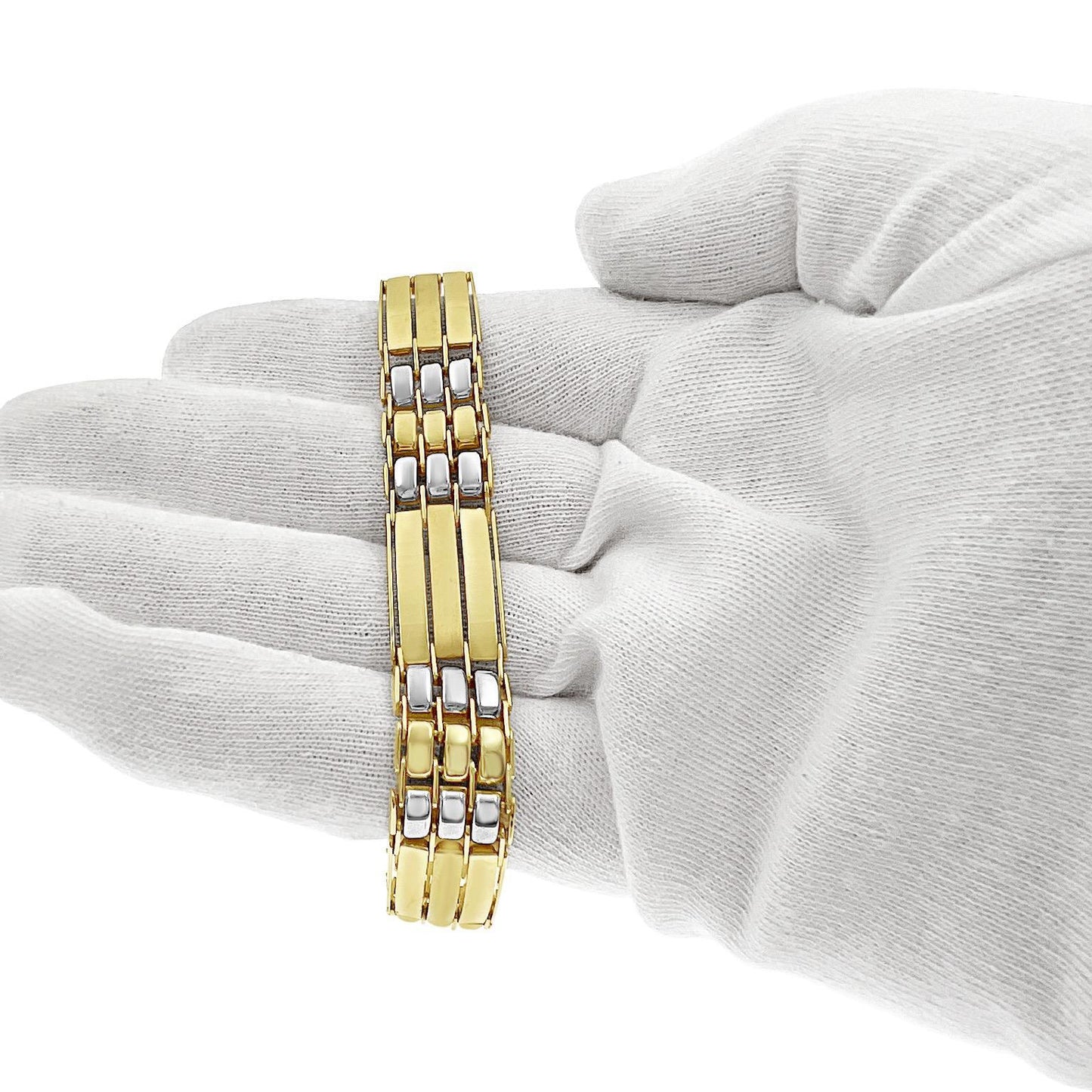 12mm Railroad Link Bracelet Real 10k Two Tone Gold Mens 8.5"