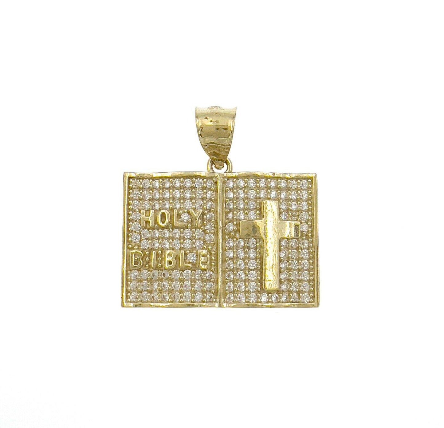 Holy Bible Praying Book Pendant CZ Charm 10k Yellow Gold 1"