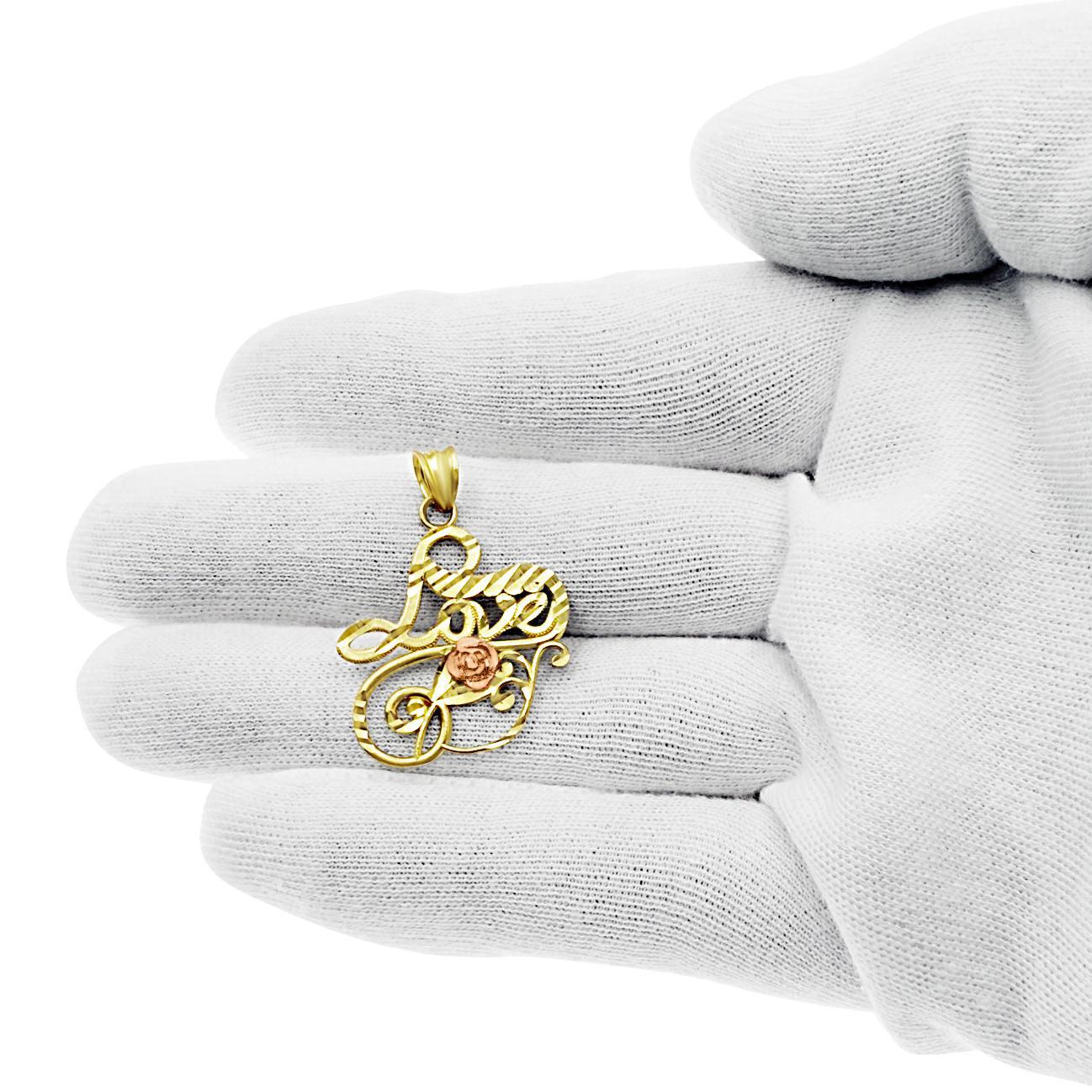 10k Yellow Gold Love Pendant with Rose Flower Design Script Letter