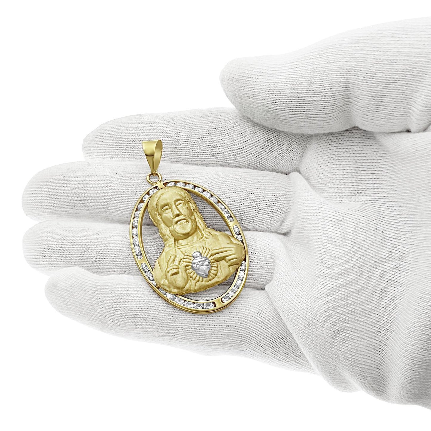 Sacred Heart of Jesus Oval Pendant Mens CZ Charm 10k Yellow Gold 2 inch
