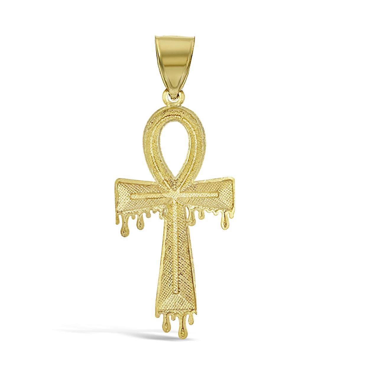 10K Yellow Gold Egyptian Ankh Cross Pendant Dripping Design