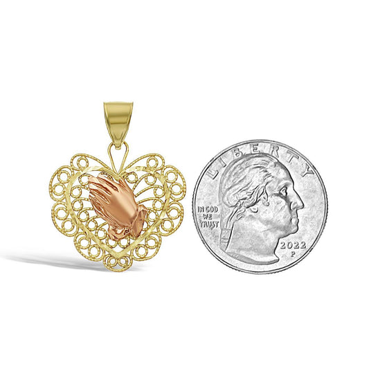 Praying Hands Heart Pendant 10k Yellow Rose Gold Charm 1.3"