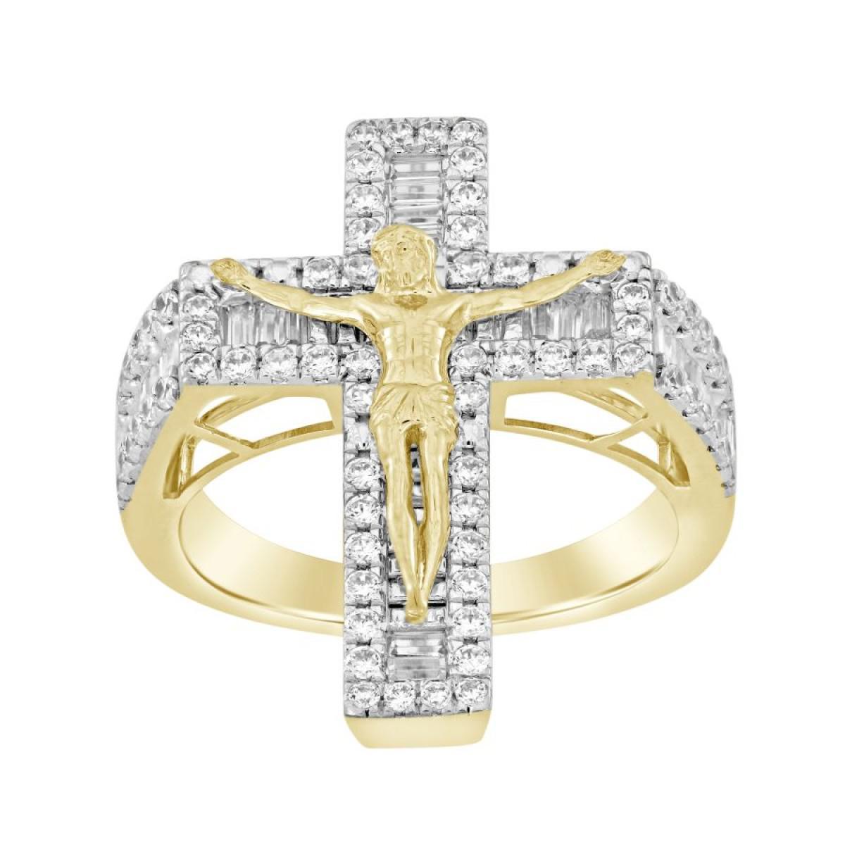 1cttw Diamond Cross Crucifix Jesus Mens Ring Baguette 10k Yellow Gold