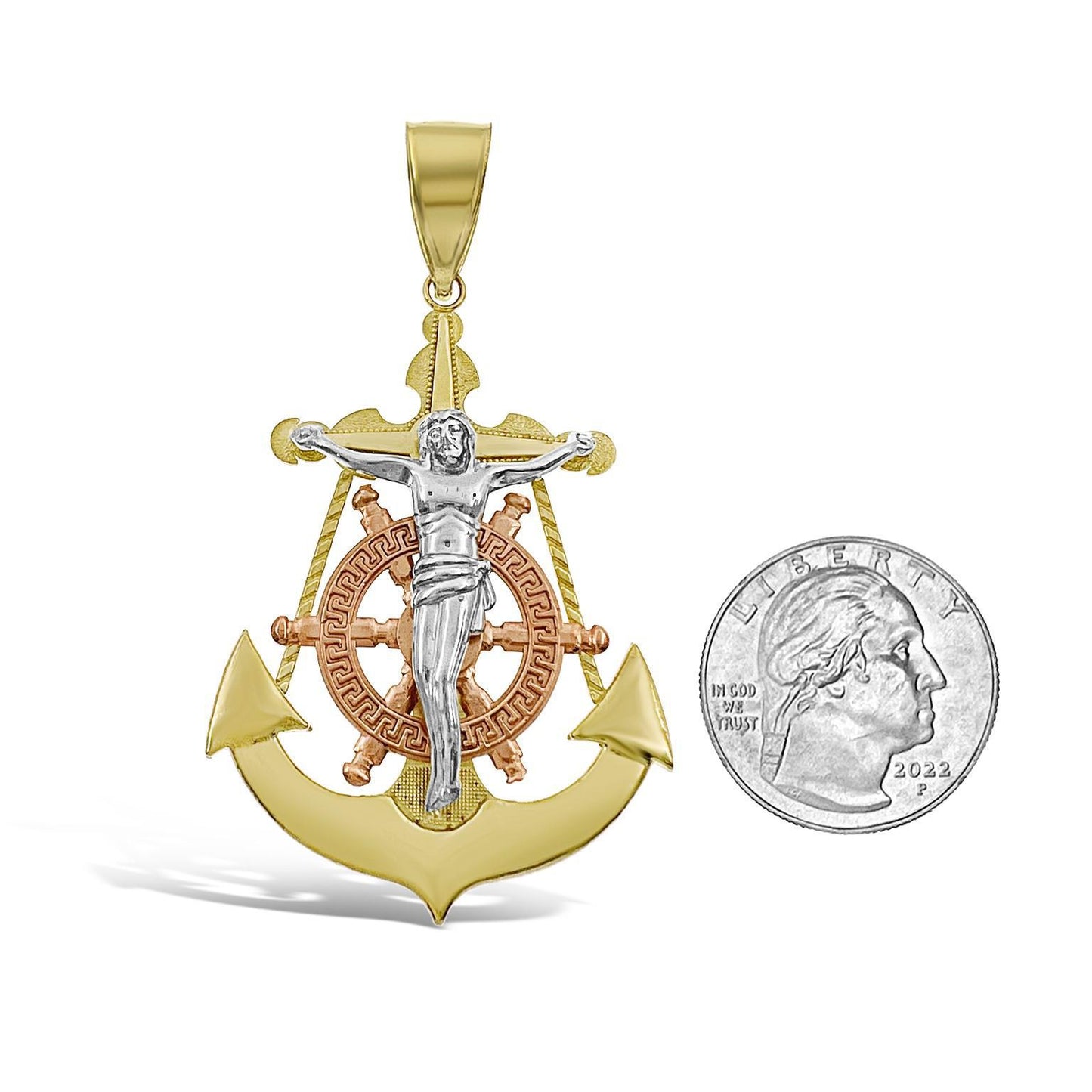 Anchor Jesus Crucifix Cross Mens Pendant 10k Three Tone Gold Charm 2.6 inch