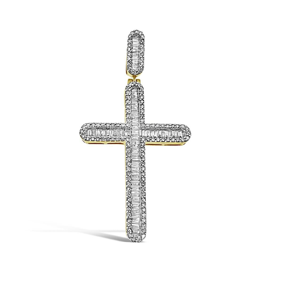 1.25 Cttw Baguette Round Diamond Cross Mens Pendant Charm 10k Yellow Gold