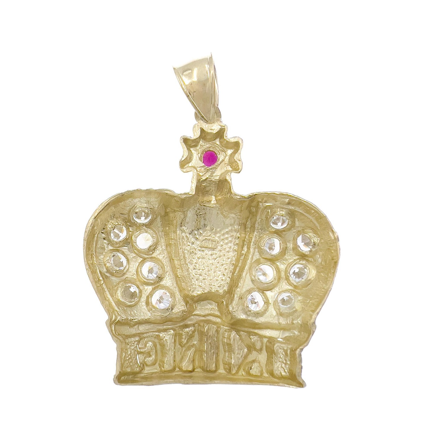 King Crown Pendant Mens CZ Charm 10k Yellow Gold 2 inch