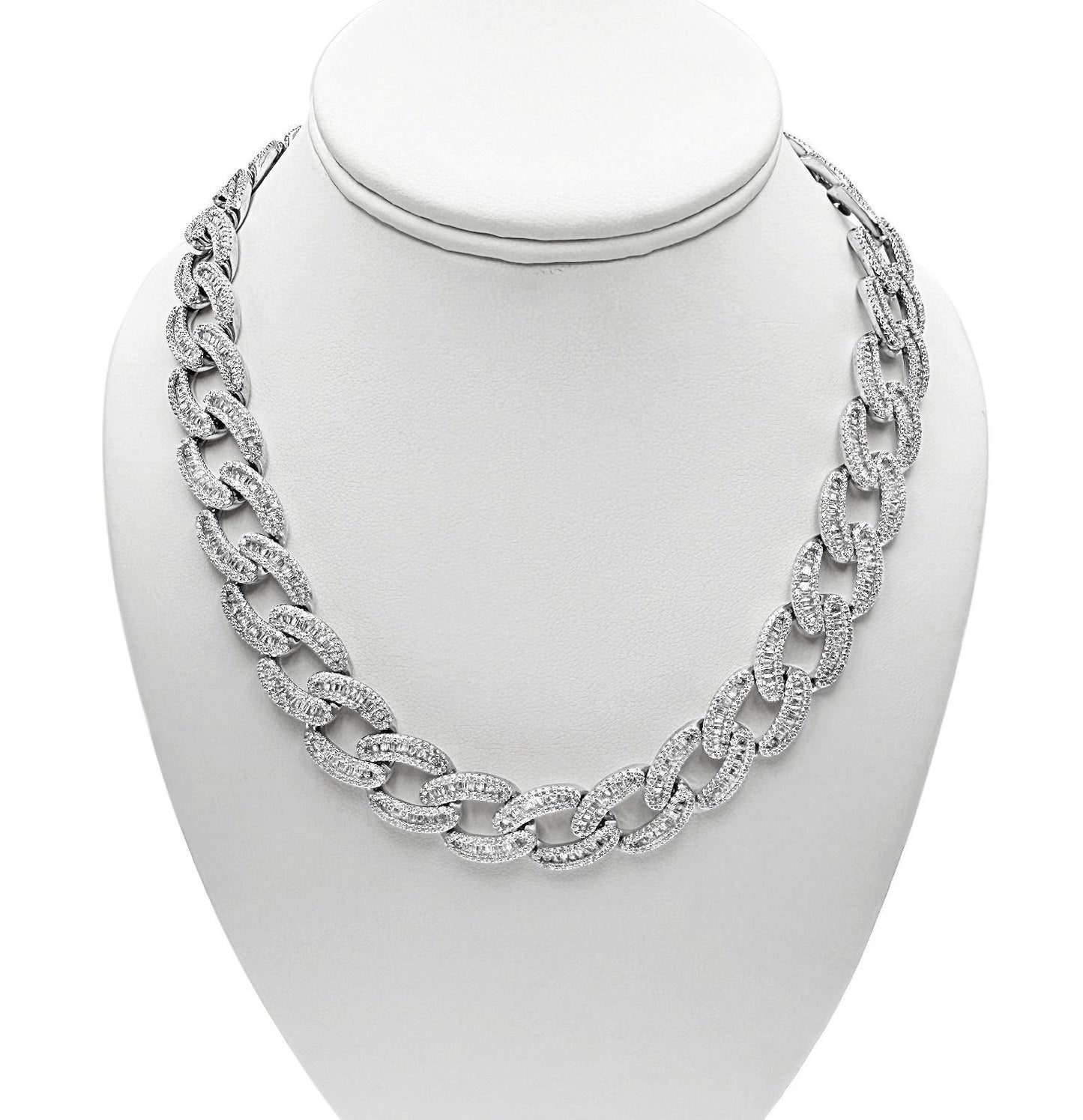 15mm Cuban Link Chain Iced Out CZ Baguette Necklace Solid 925 Sterling Silver