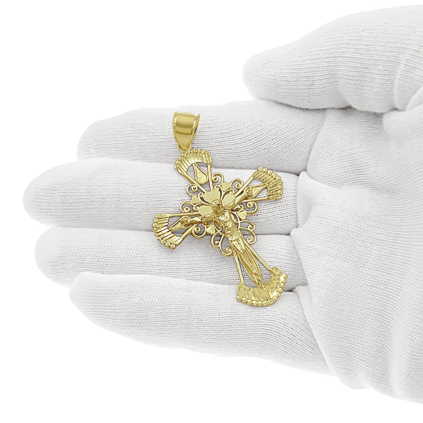 Cross Jesus Crucifix Pendant Real Solid 10k Yellow Gold Mens Charm 2.3 inch