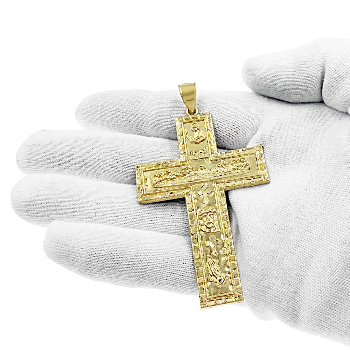 10k Yellow Gold Large Cross Jesus Last Supper Mens Pendant Charm 3 inch