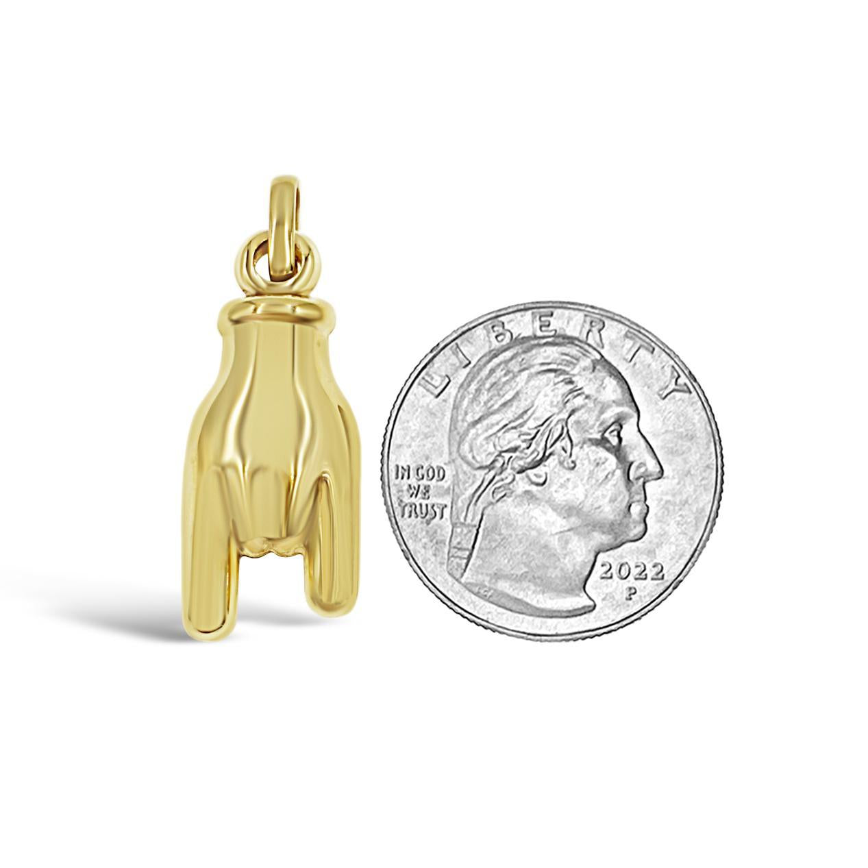 14K Real Gold Mano Cornuto Pendant Italian Lucky Hand 3D Charm 1.3 inch