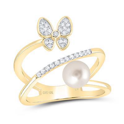 Natural Pearl 6mm & Diamond Butterfly Womens Ring 10k Yellow Gold
