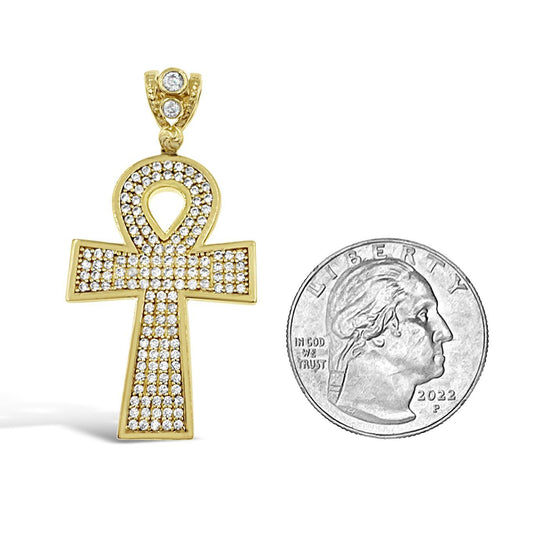 14k Gold Ankh Cross Pendant CZ Iced Out Egyptian Life Symbol Charm 1.8 inch
