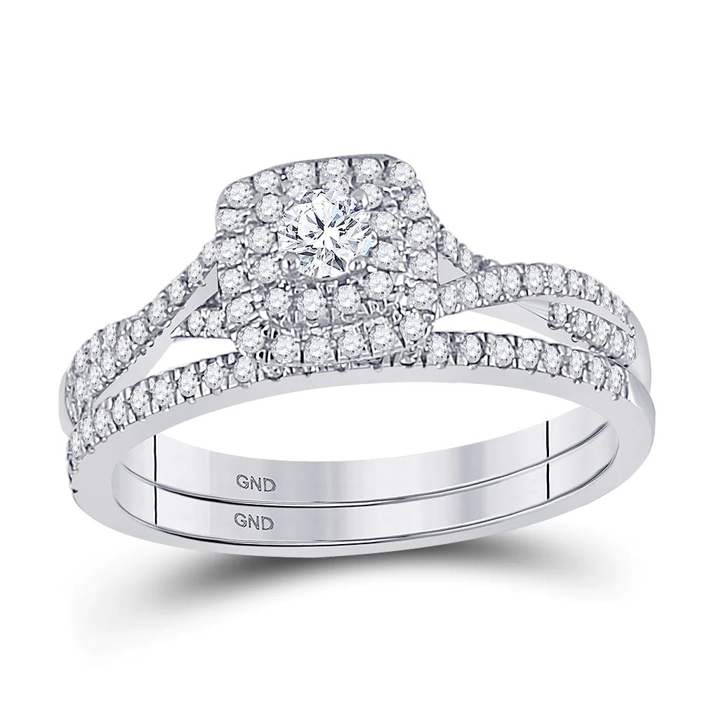 0.50 Cttw Round Diamond Cushion Cluster Bridal Wedding Ring Set 10k White Gold