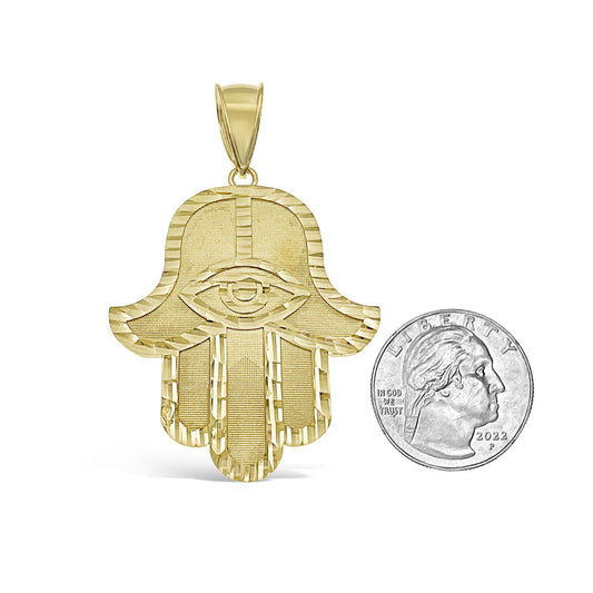 Hamsa Fatima Hand Pendant Mens Charm Real 10k Yellow Gold Charm 2.5 inch