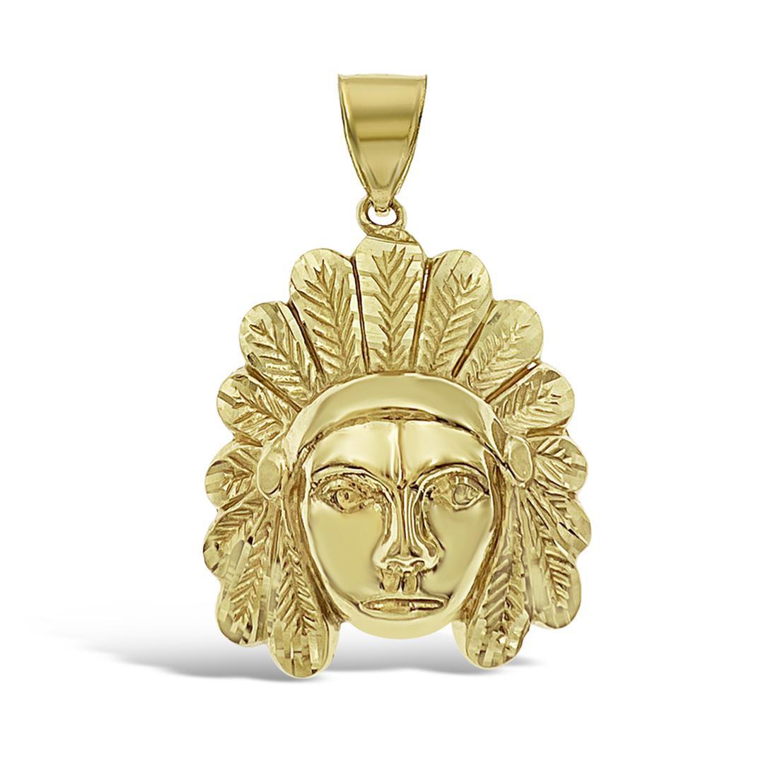 Native Indian Head Pendant 10k Yellow Gold Charm 1.8"