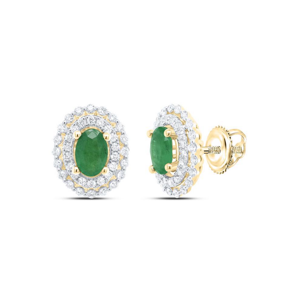Natural Oval Emerald & Diamond Stud Earrings 14k Yellow Gold Screw Back