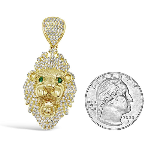 10K Yellow Gold Lion Head Pendant Mens Charm CZ 1.9"