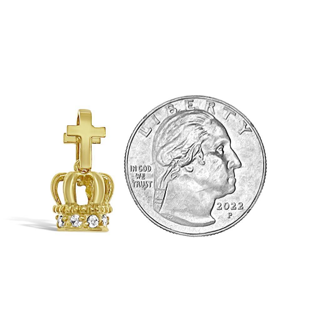 Crown Cross Pendant 3D Charm 10k Yellow Gold CZ 0.7 inch