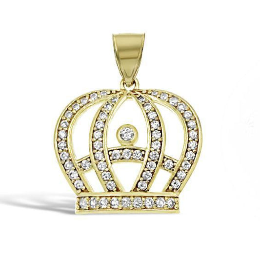 10K Yellow Gold Crown Pendant Charm CZ Iced Out 0.8 inch
