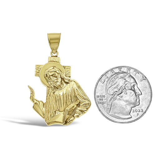 Jesus Head Cross Bible Pendant Real 10k Gold Charm 1.5"