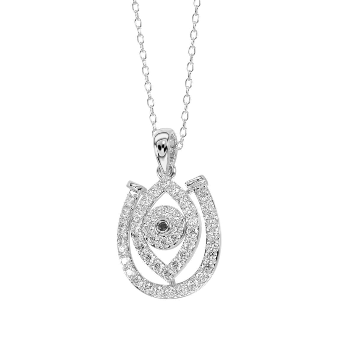 0.33cttw Diamond Horseshoe Evil Eye Protection Luck Pendant Charm 14k White Gold