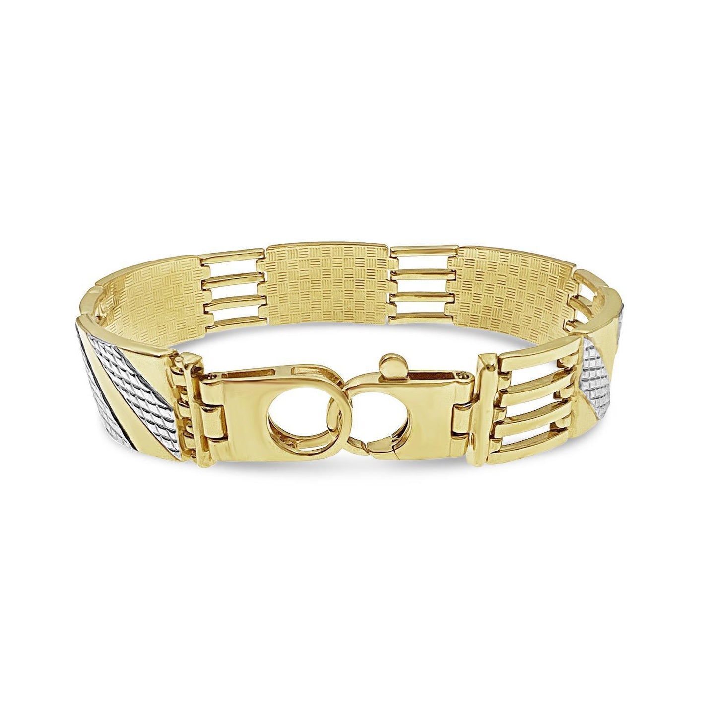 10k Gold 15mm Mens Textured Diagonal Design Bracelet Two Tone Railroad Style