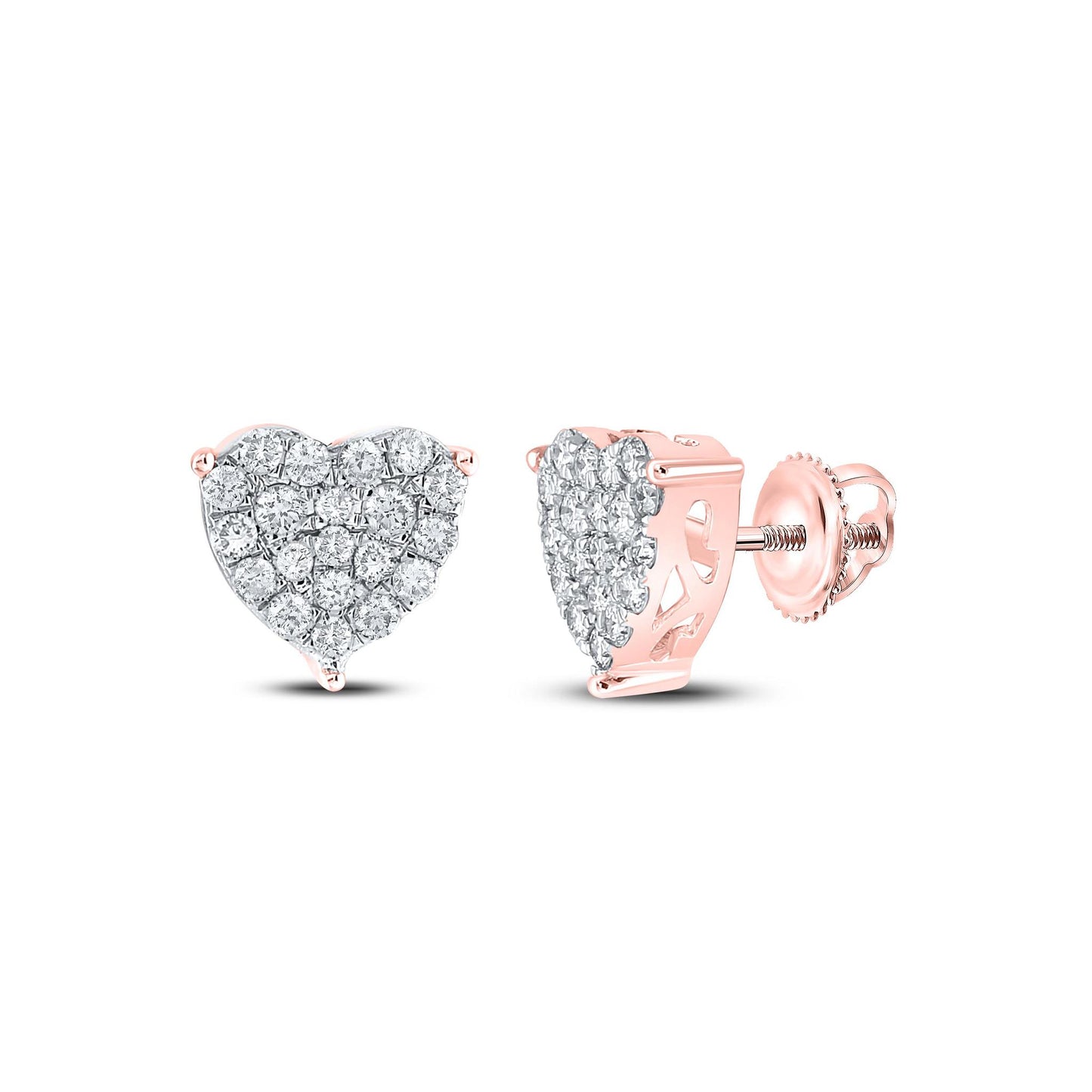 1 cttw Diamond Heart Womens Stud Earrings 10k Rose Gold Screw Backs