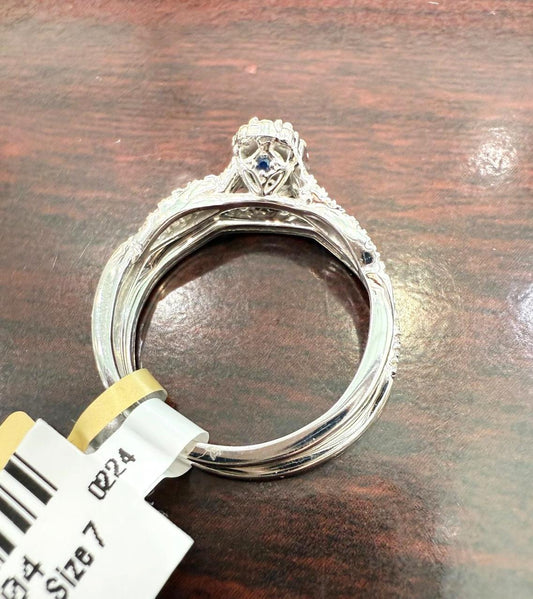 0.50ctw Diamond Halo Bridal Set 10K White Gold w/ Blue Sapphire
