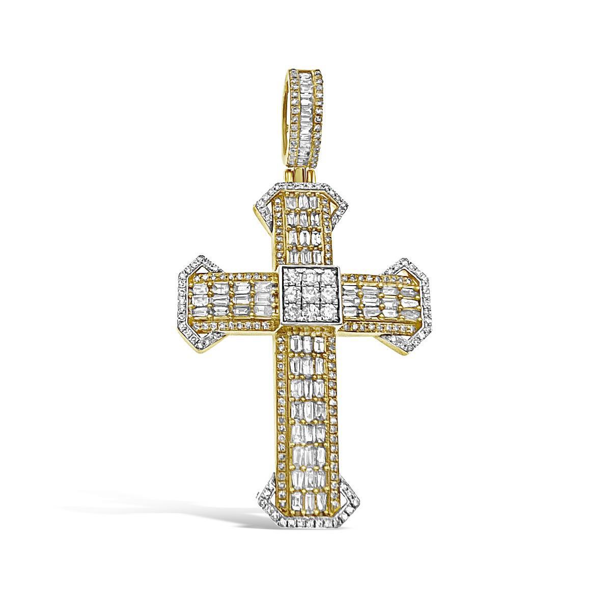 2.24 Cttw Baguette Diamond Cross Mens Pendant 10k Yellow Gold Charm 2 inch