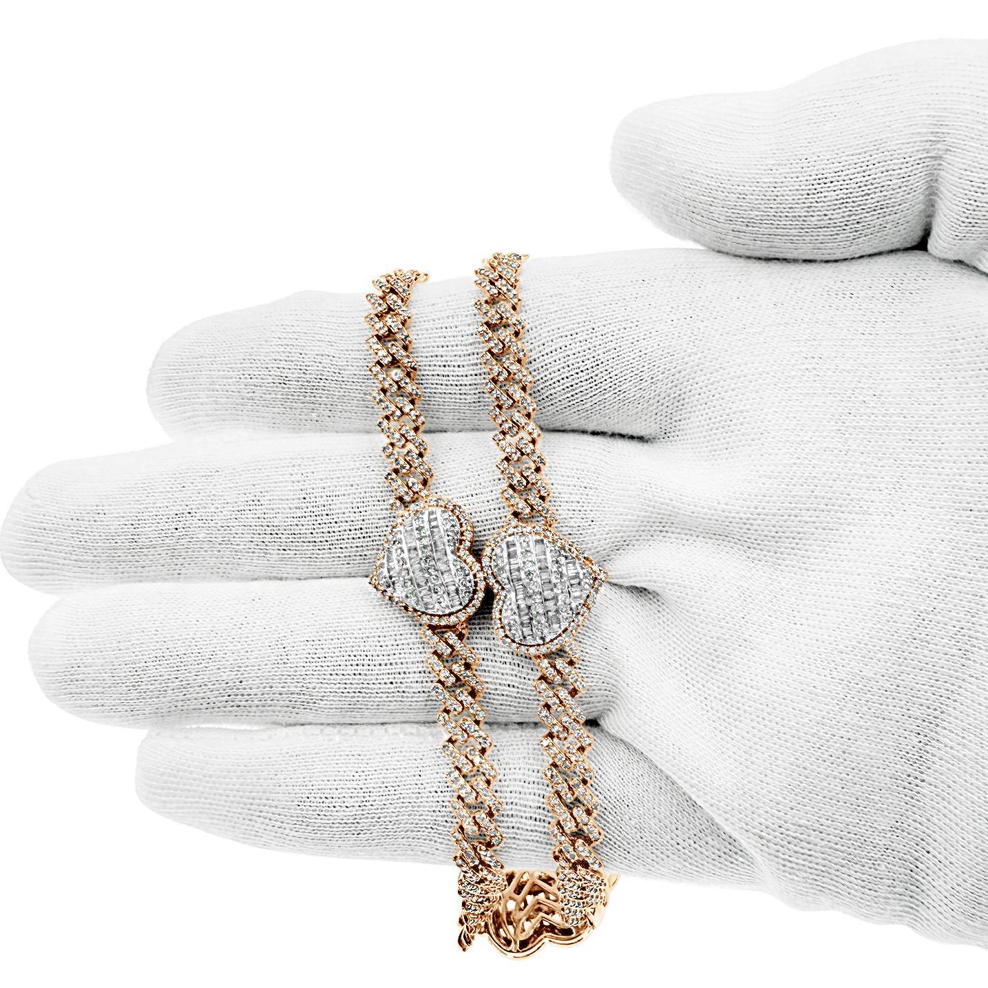 6.91 Cttw Diamond Baguette Hearts Necklace Iced Cuban Link 10k Rose Gold