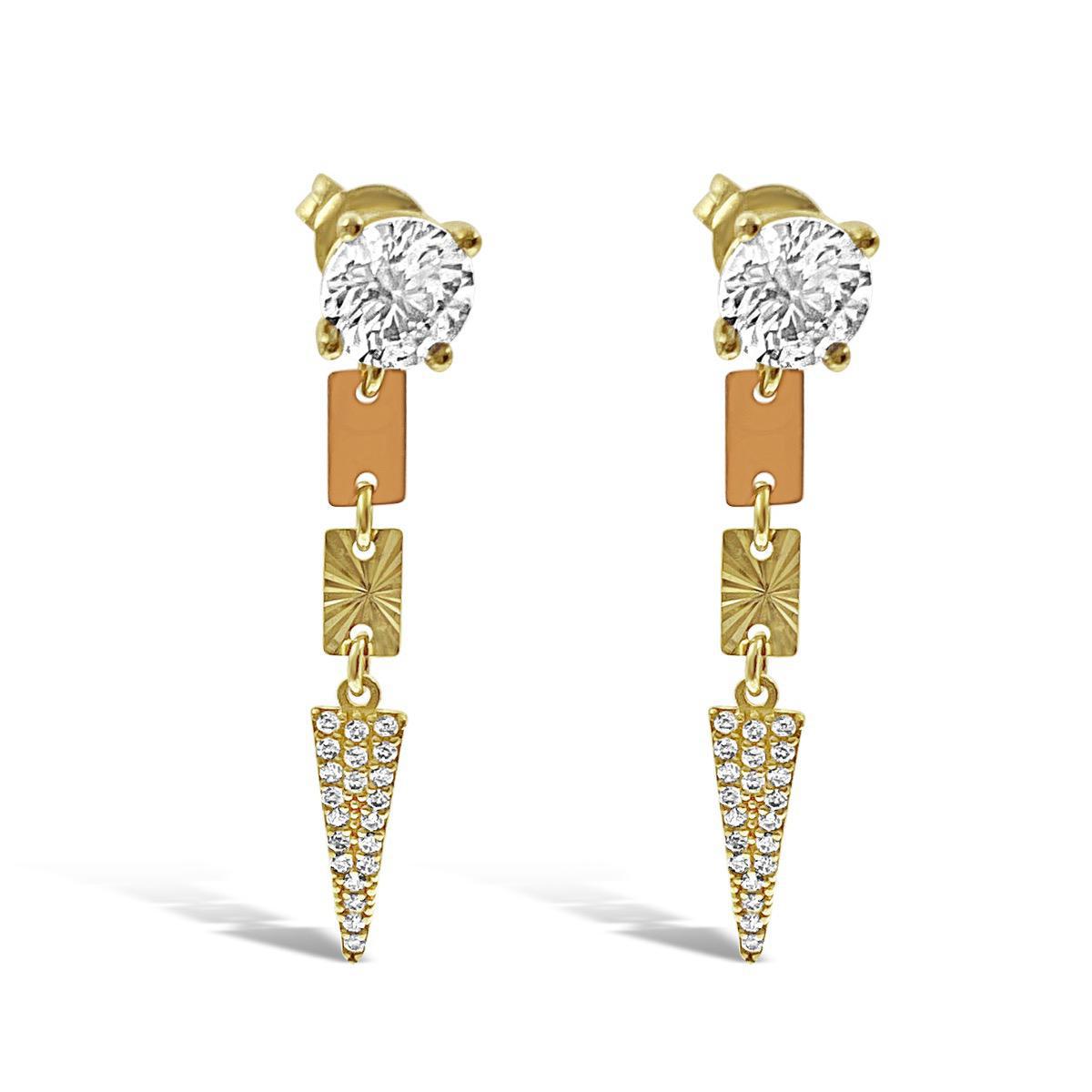 14k Yellow Rose Gold Triangle Drop Dangle Earrings Stud CZ
